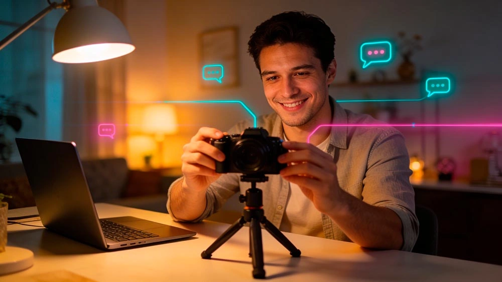 1-on-1 cam chat with women: fast start setup 1-on-1 cam chat with women: a confident man sets up a clean webcam angle with warm front light, ready to start a private chat