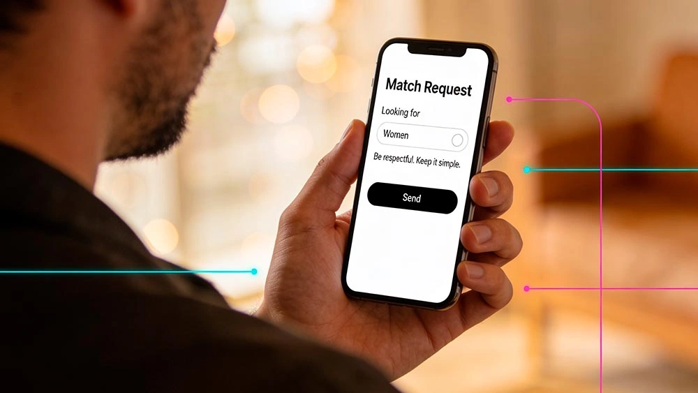 how to match with women online: over-the-shoulder view of a man holding a phone with a respectful match request message, clean generic chat UI