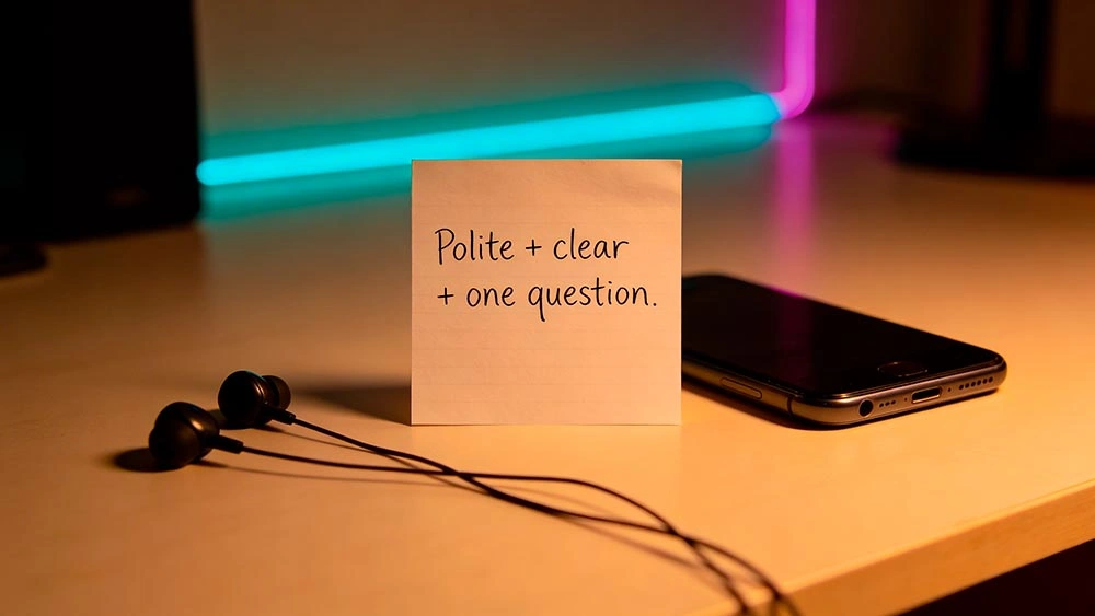 gender preference tips: simple do-and-don't checklist on a desk note beside earbuds and a laptop, cozy private video chat setup