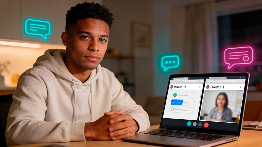 best omegle alternative 1-on-1: what to look for best omegle alternative 1-on-1: adult man comparing two private 1-on-1 chat options on a laptop, clean desk, calm trustworthy vibe, screen not readable