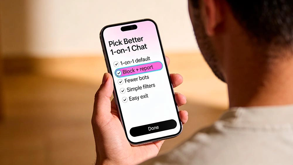 private 1-on-1 chat sites: quick checklist private 1-on-1 chat sites: over-the-shoulder view of a man holding a phone with a simple checklist UI for safety and filters, no personal data