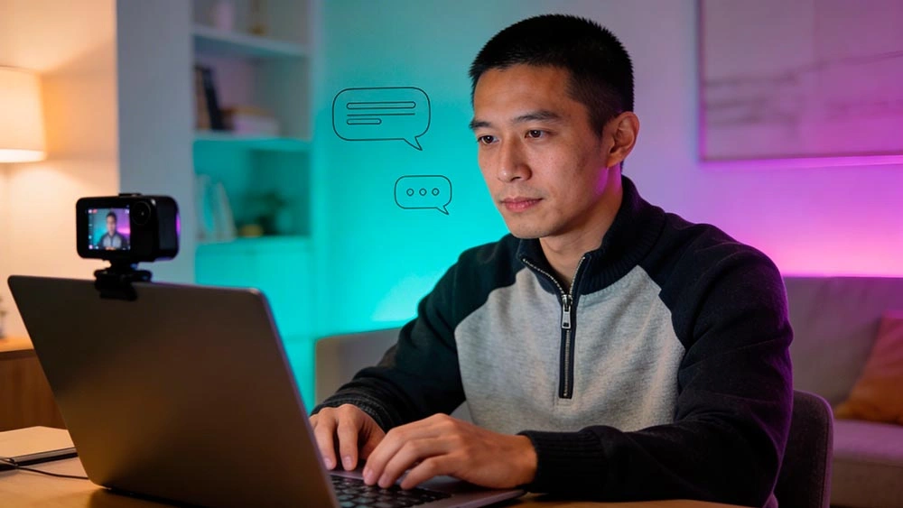 camera not working in browser: quick fix start camera not working in browser: a calm man checks laptop webcam settings and front light before a 1-on-1 chat