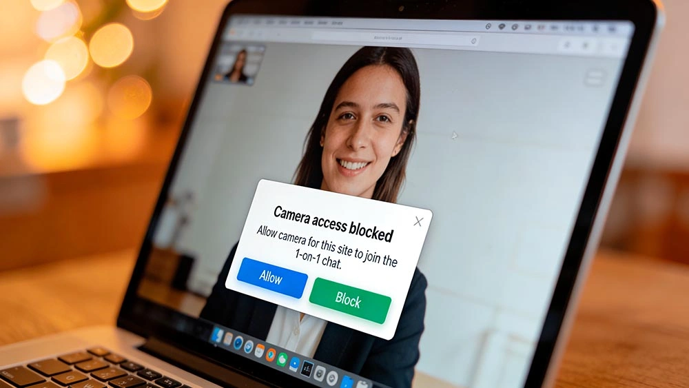 enable camera permission: allow camera in browser enable camera permission: close view of a generic browser camera permission dialog on a laptop screen, clear and readable, no personal data