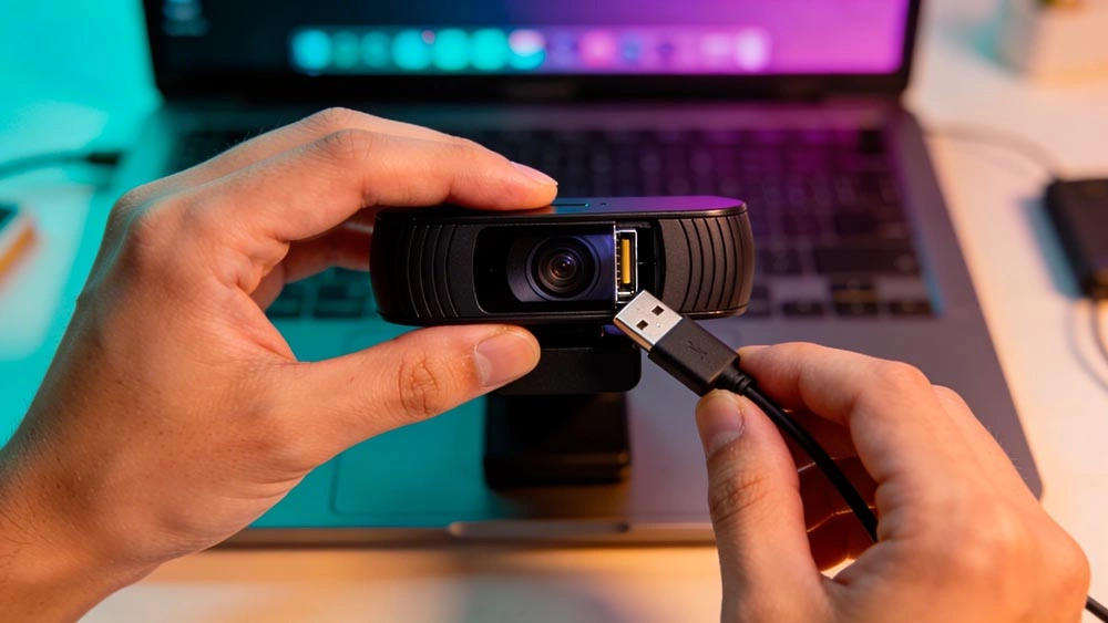 fix webcam access: hardware quick reset fix webcam access: hands replug a USB webcam and slide open a privacy shutter, tidy desk, warm light