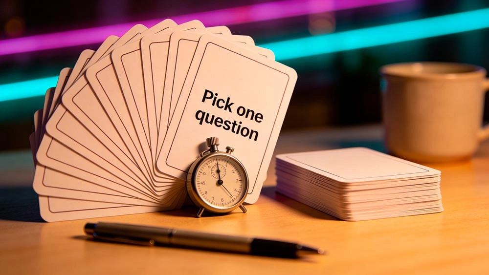 conversation starters for cam chat: a set of simple prompt cards on a desk next to earbuds and a mug, cozy evening vibe