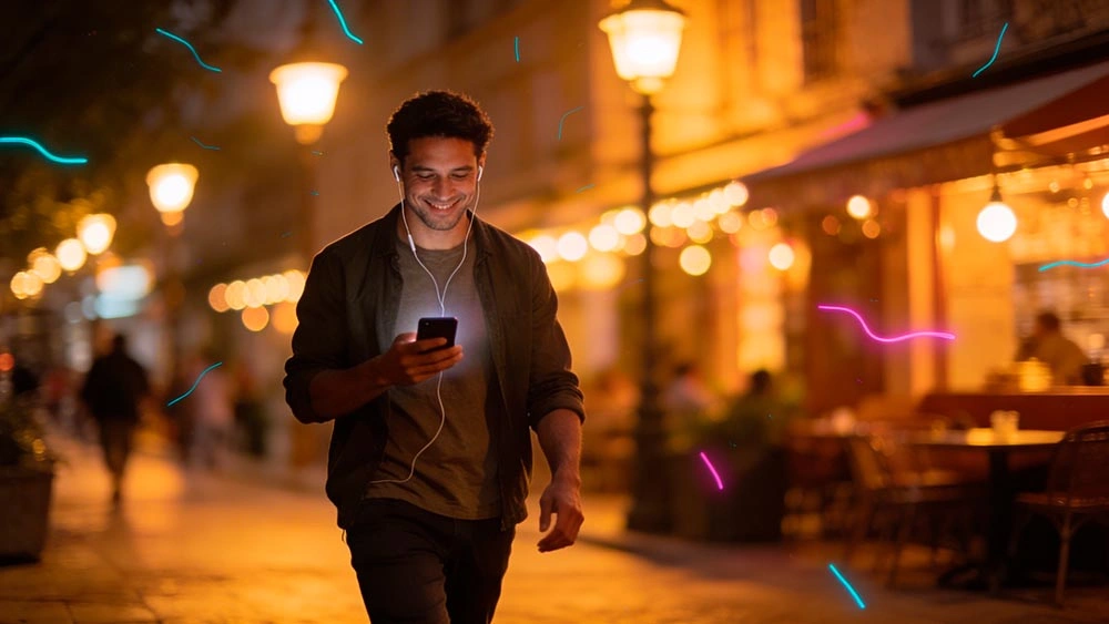 keep chat flowing: relaxed man laughing during a 1-on-1 video call, natural expression, calm confident vibe