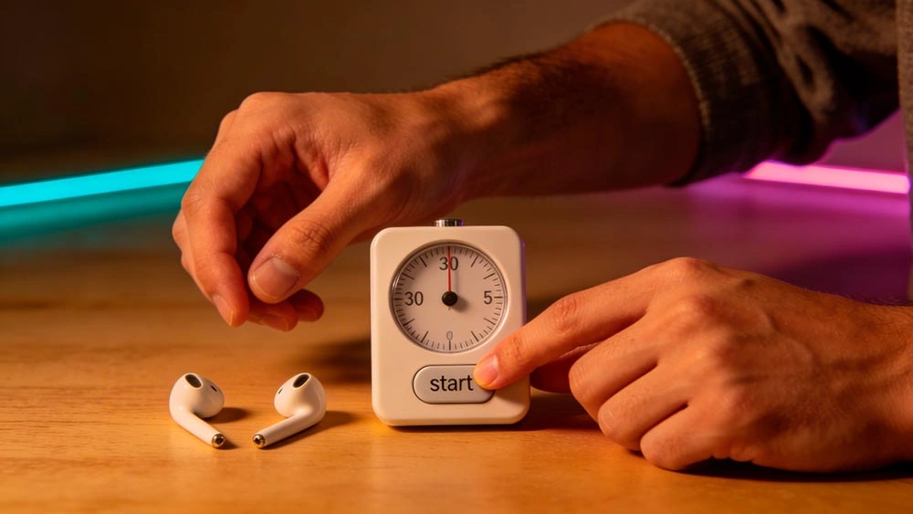 30 second rule better match: calm man uses a 30-second timer and earbuds to start a private 1-on-1 cam chat confidently