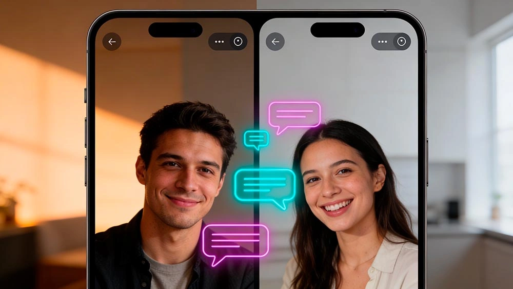 first 30 seconds in cam chat: split-screen vibe check with two friendly adults reacting naturally, no explicit content, warm lighting