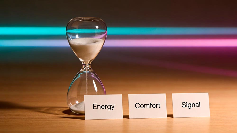 quick vibe check: minimalist hourglass and checklist items on a desk, showing when to continue or skip in a 1-on-1 chat