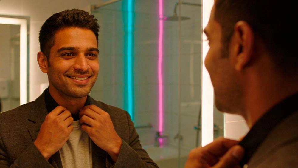 flirty but respectful lines: split-screen private 1-on-1 chat with a man and a woman smiling naturally, friendly vibe