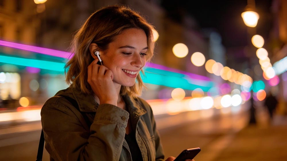 flirty but respectful lines: playful flirting without cringe with a man smiling while recording a short voice note, relaxed confident posture, no readable screen