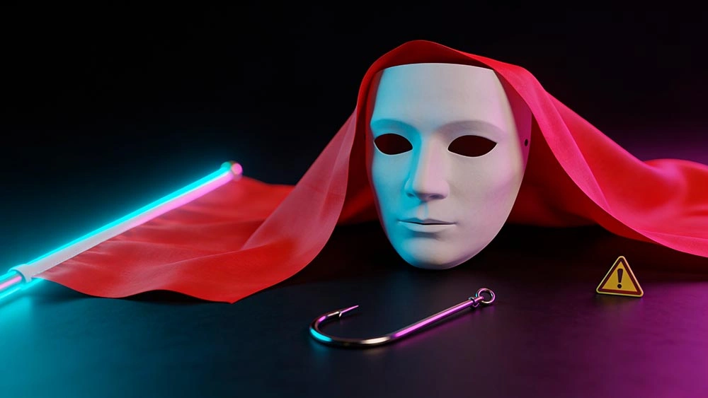 omegle alternative safety: red flags to avoid omegle alternative safety: symbolic red flags for random video chat safety with a red flag, plain mask, and small hook on a clean dark background