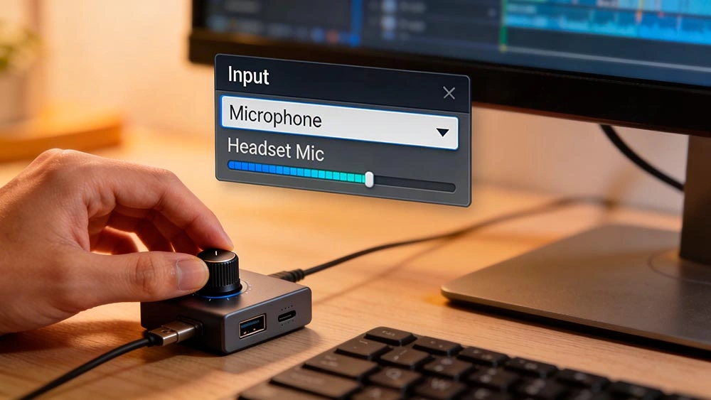 mic not working fix audio: hands selecting the correct microphone input in system sound settings, level meter moving, clean modern desk
