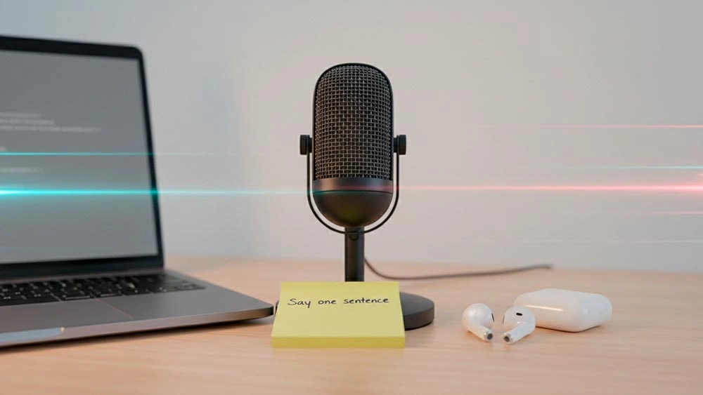 mic not working fix audio: quick audio test setup in a quiet room with earbuds and a small desktop mic, warm light, calm troubleshooting vibe