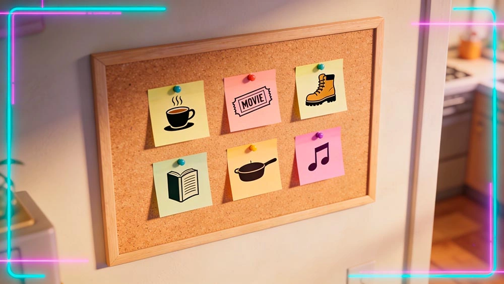 interests that start conversations: a clean pinboard of hobby notes and icons that look like conversation starters, warm light, modern vibe
