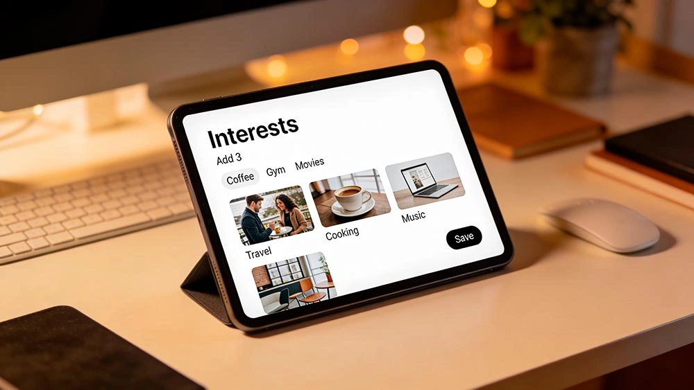 interests that start conversations: generic profile interests screen on a tablet showing simple interest tags, clean UI, no personal data