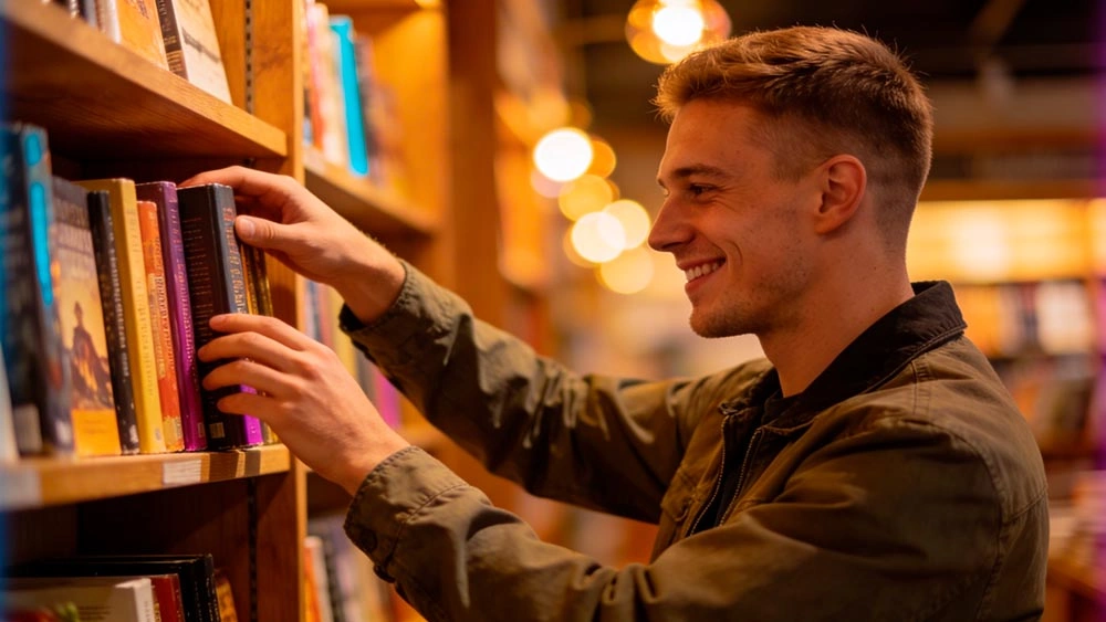 interests that start conversations: man browsing books in a cozy bookstore, choosing a genre-specific title that sparks conversation, warm light