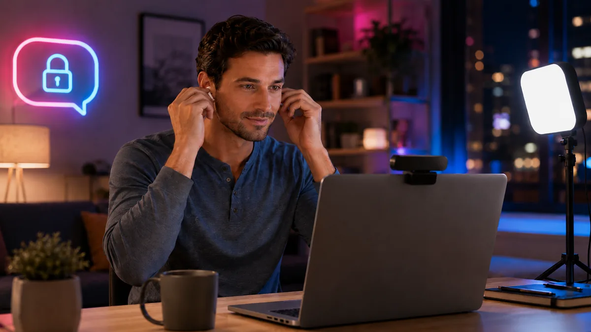 start 1 on 1 cam chat setup with camera, earbuds and privacy reminder